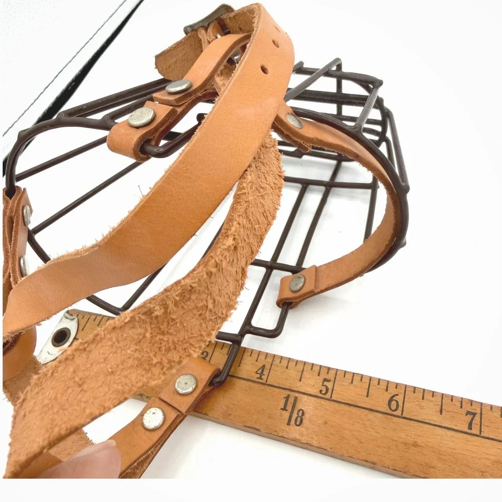 Vintage Wire Basket Dog Muzzle Leather Straps Metal Cage Adjustable Primitive